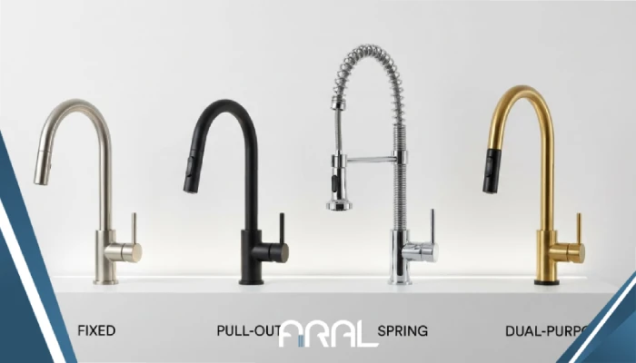 انواع مدل‌های شیر ظرفشویی شامل ثابت، شاوری، فنری و دو منظوره